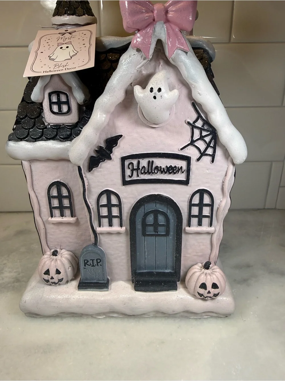 Mystic Blush Glitter Pink Haunted Gingerbread House Halloween Decor Glitter NEW